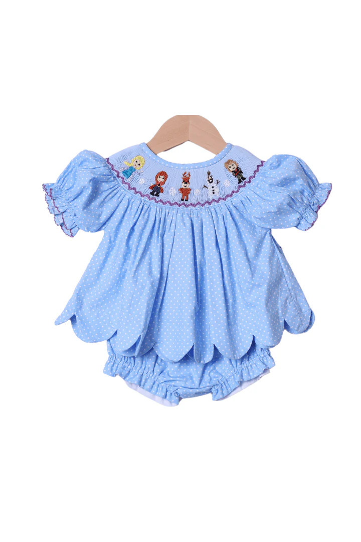 Smocked Ice Princess Blue Bitty Dot Bloomer Set | The Smocked Flamingo