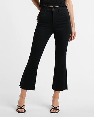 High Waisted Black Raw Hem Cropped Supersoft Flare Jeans | Express