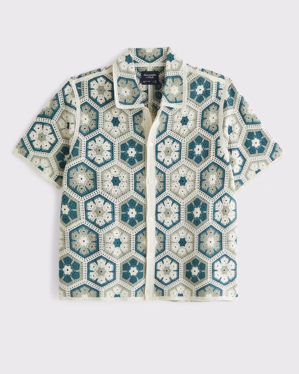 Men's Crochet-Style Floral Button-Through Sweater Polo | Men's Tops | Abercrombie.com | Abercrombie & Fitch (US)