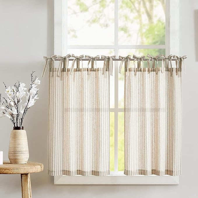 jinchan Tie Top Linen Kitchen Curtains 24 Inches Striped Tier Curtains Farmhouse Modern Cafe Styl... | Amazon (US)