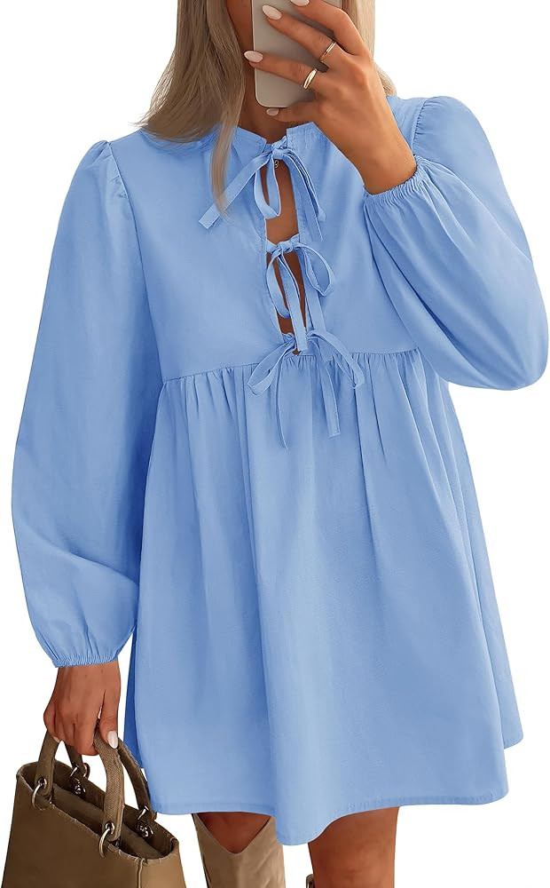 ZESICA Women's Dress Fall Long Puff Sleeve Self Tie Front Babydoll A Line Pleated Cute Mini Tunic... | Amazon (US)