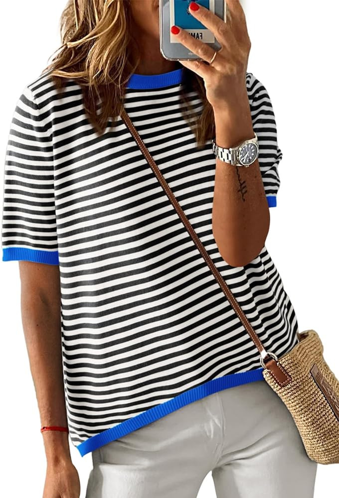 Dokotoo Womens Tops Casual Summer Crewneck Short Sleeve Striped Color Block Knit High Low Trendy ... | Amazon (US)