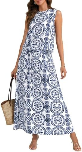 Rooscier Women's 2 Piece Maxi Skirt Sets Floral Print Sleeveless Tank Top and A Line Long Skirt S... | Amazon (US)