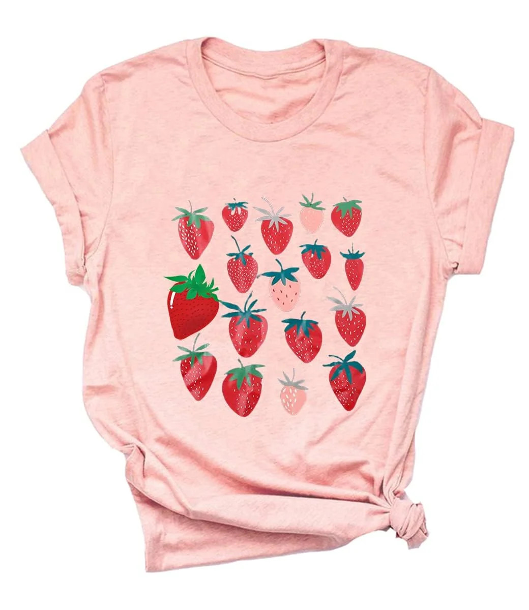 VILOVE Womens Strawberries Graphic Tees Crew Neck Short Sleeve Fruit Strawberries Shirts | Walmart (US)