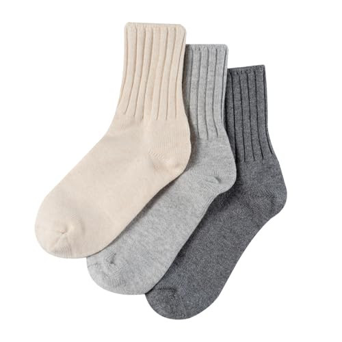 MELUSA 3 Pairs Cashmere Wool Camp Socks for Women, Super Warm Cozy Winter Gift Crew Socks (Medium, Ivory/Grey Mix) | Amazon (US)