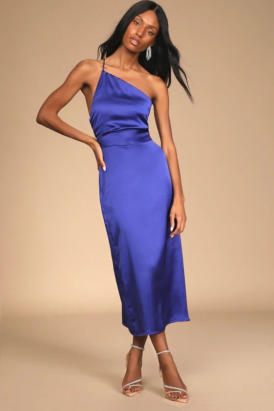 Call Me Confident Blue Satin One-Shoulder Lace-Up Midi Dress | Lulus (US)