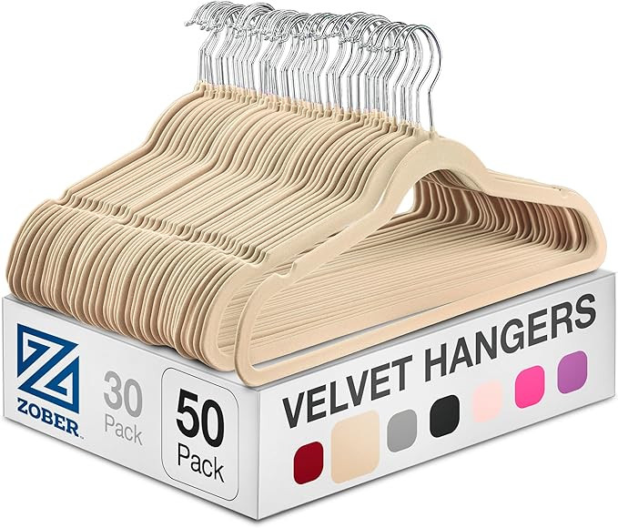 Zober Velvet Hangers 50 Pack - Heavy Duty Ivory Hangers for Coats, Pants & Dress Clothes - Non Sl... | Amazon (US)