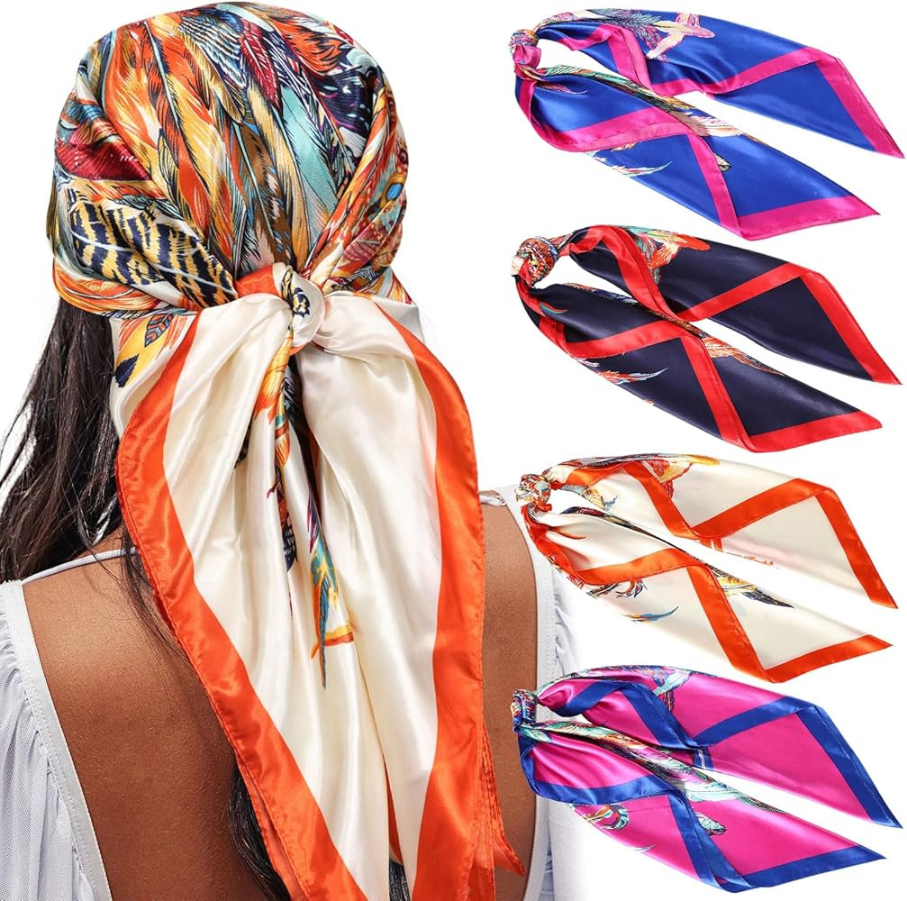 AWAYTR 35” Satin Large Square Head Scarves - 4PCS Silk Like Neck Scarf Hair Sleeping Wraps Sati... | Amazon (US)