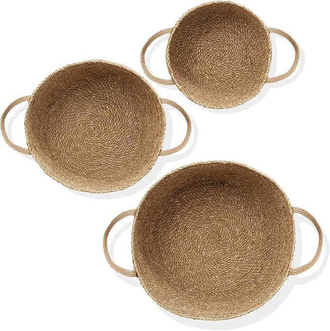 Casafield Set of 3 Braided Seagrass Baskets with Jute Handles - Natural, Woven Storage Basket Pla... | Amazon (US)