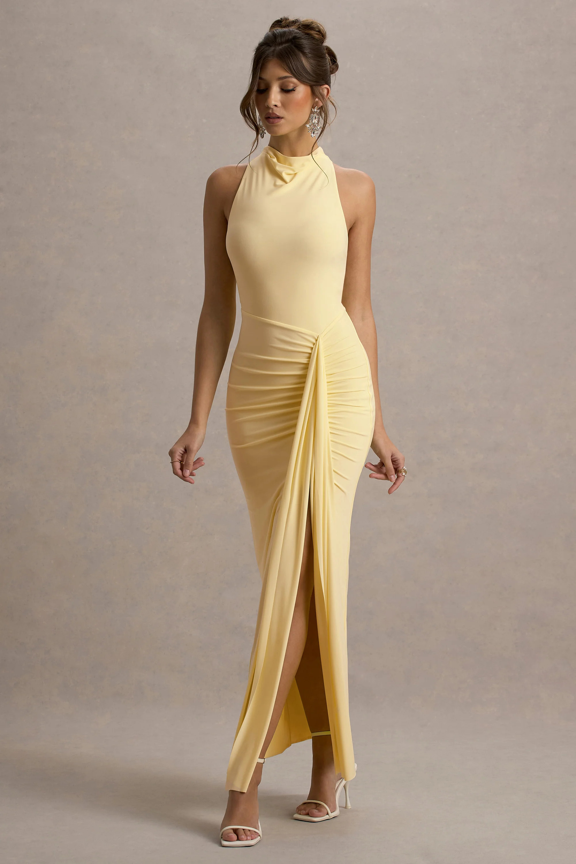 Sunflower | Pale Lemon Ruched High-Neck Split Maxi Dress | Club L London