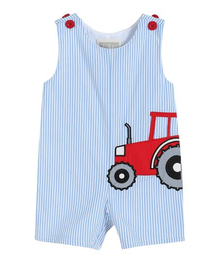 Lil Cactus Blue Pinstripe Tractor Appliqué Shortalls - Infant | Zulily