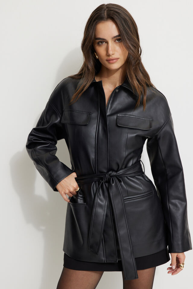 Belted Faux Leather Jacket | Dynamite Clothing