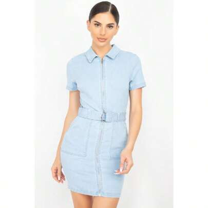 Belted Bodycon Collared Denim Dress | SHEIN