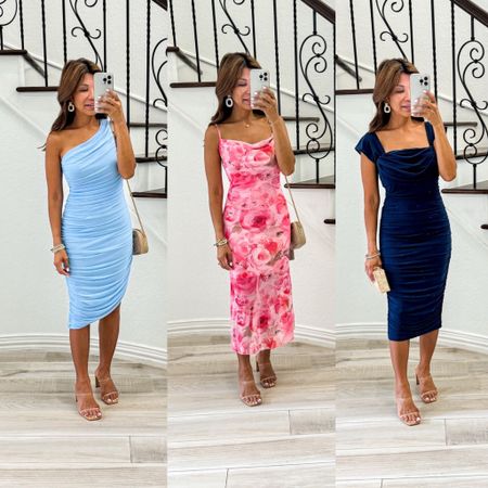 Wedding guest dresses, all lined and stretchy. 
Wearing small in all, tts. 
First dress color is Light Blue
2nd dress color is Pink Multi
3rd dress is Navy
Sandals fit tts. Wearing pasties in all(linked). Amazon finds, petite style
Destination wedding, resort wear, vacation outfits, cruise outfit, honeymoon,  fashion over 40, midlife women 

#LTKFindsUnder50 #LTKSeasonal #LTKWedding