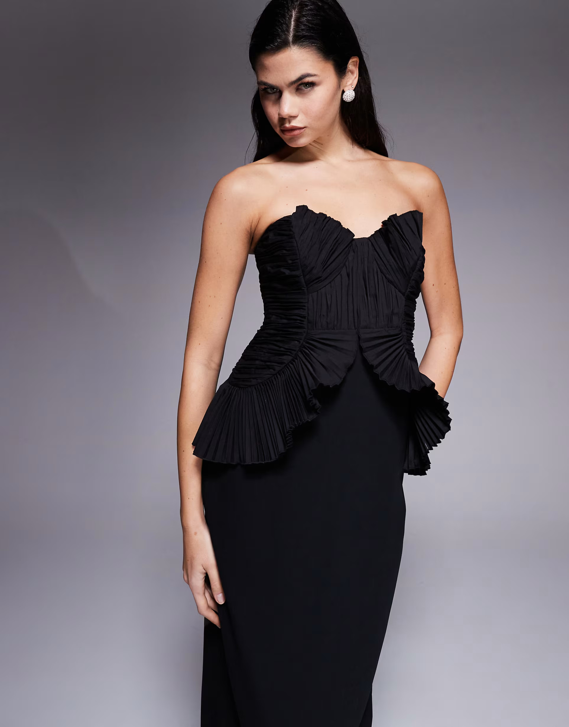 ASOS DESIGN ruffle bodice structured strappy midi dress in black | ASOS (Global)