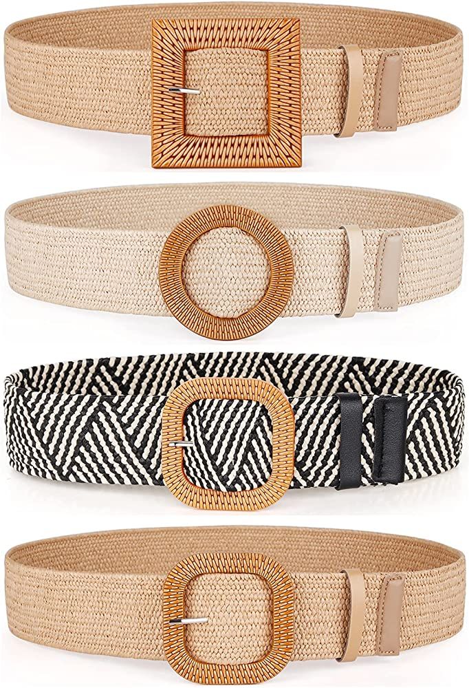 Women Belts For Dresses, Elastic Straw Rattan Waist Band With Large Buckle | Amazon (US)