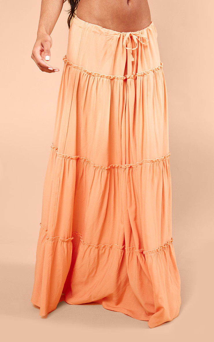 Coral Low Rise Drawstring Waist Tiered Maxi Skirt | PrettyLittleThing UK