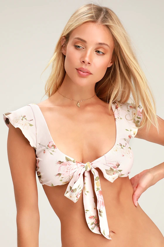 Raquel Blush Floral Print Tie-Front Bikini Top | Lulus (US)