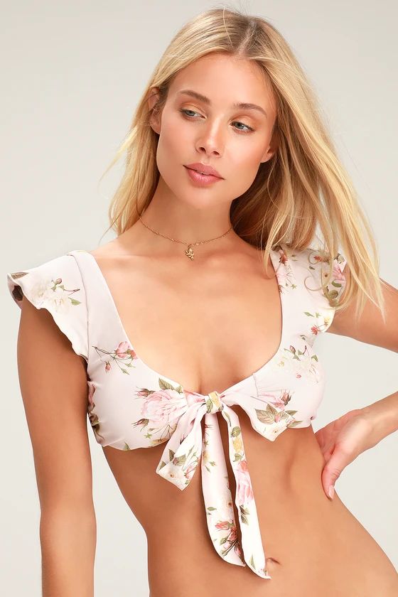 Raquel Blush Floral Print Tie-Front Bikini Top | Lulus (US)