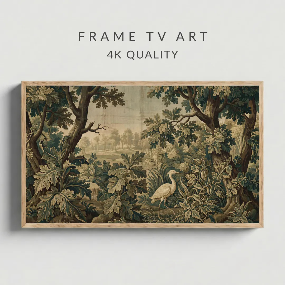 Vintage Tapestry Frame TV Art, Dark Green Oak Forest, Heron Bird, Classic Landscape, Verdure Tape... | Etsy (US)