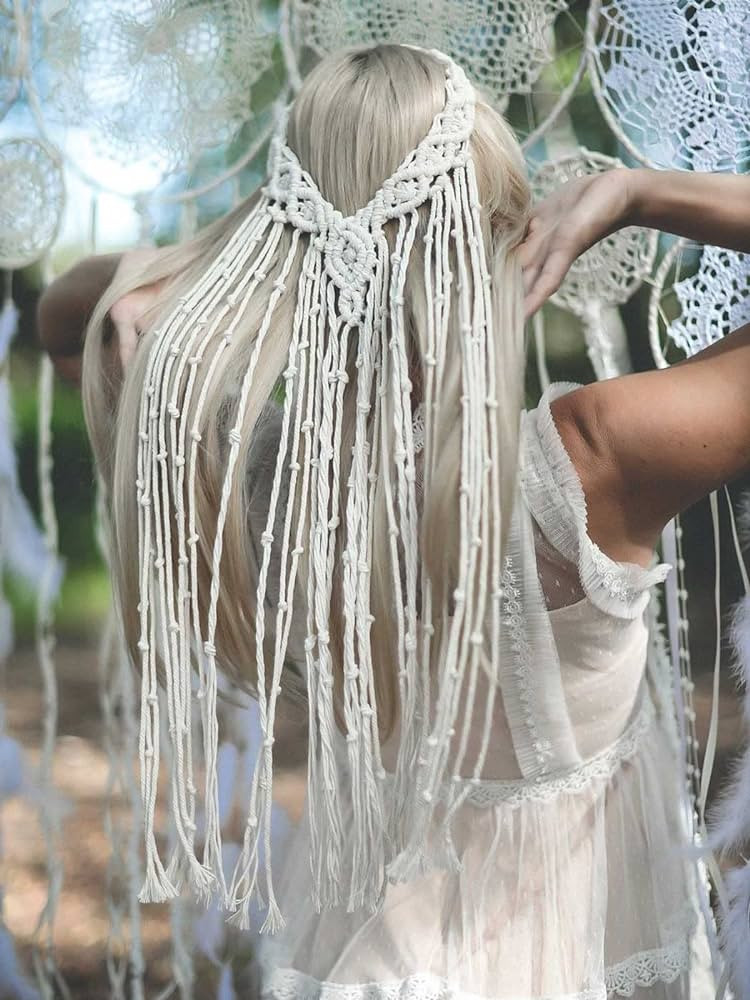 GORTIN Bohemian Macrame Headbands White Macrame Wedding Veil Feather Headband Boho Hippie Headpie... | Amazon (US)