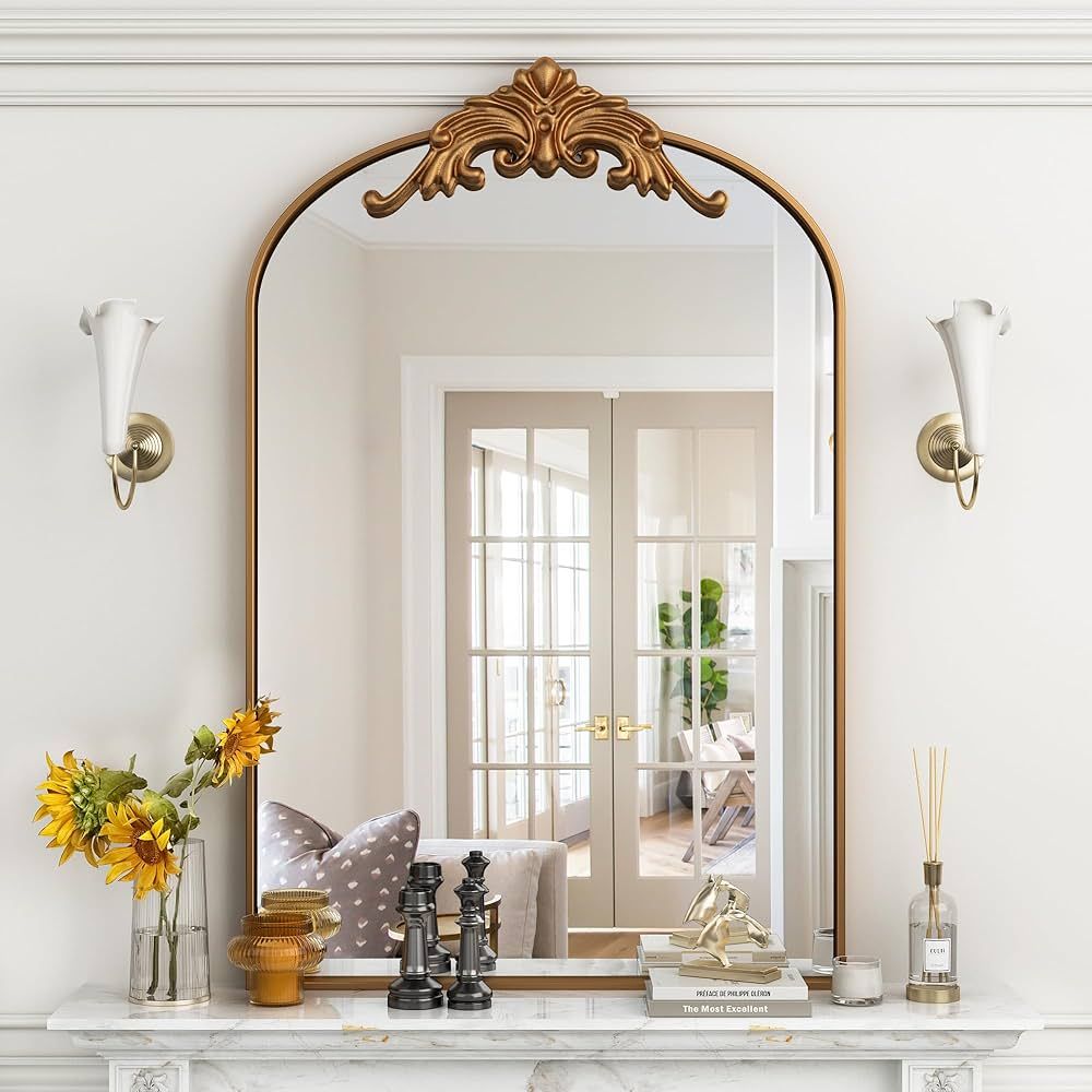Arched Wall Mirror, Vintage Carved Bathroom Mirror 22" x 32" Gold Antique Metal Frame Wall Mirror... | Amazon (US)