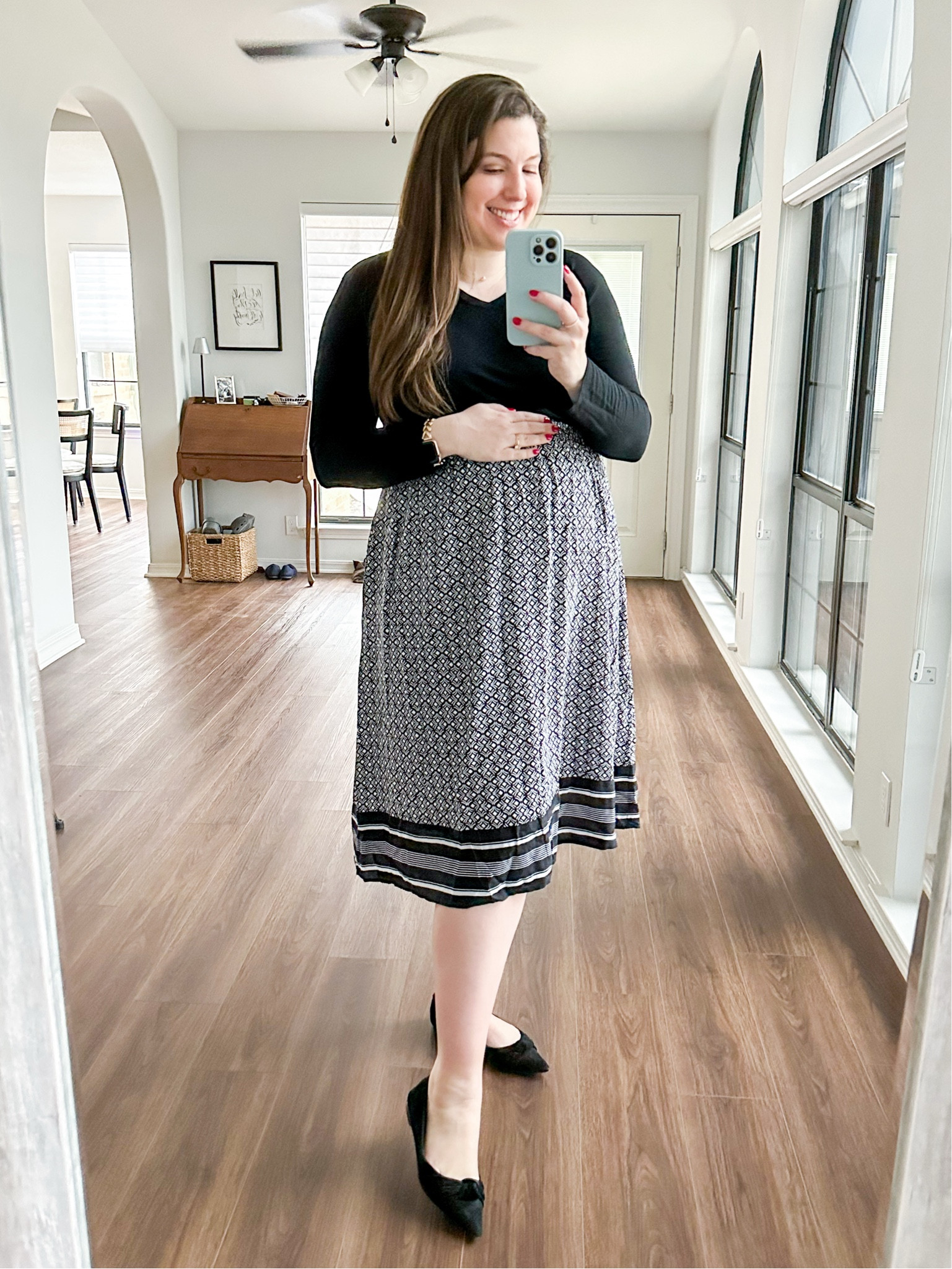 Workwear #ootd 2/4/25 

My skirt is $30! And I’ve linked the slip shorts I’m wearing underneath because they will change your life. 

Also linked the button down I wanted to wear but couldn’t because baby has gotten a tad too big 

Womens business professional workwear and business casual workwear and office outfits midsize outfit midsize style 

#LTKWorkwear #LTKBump #LTKFindsUnder50