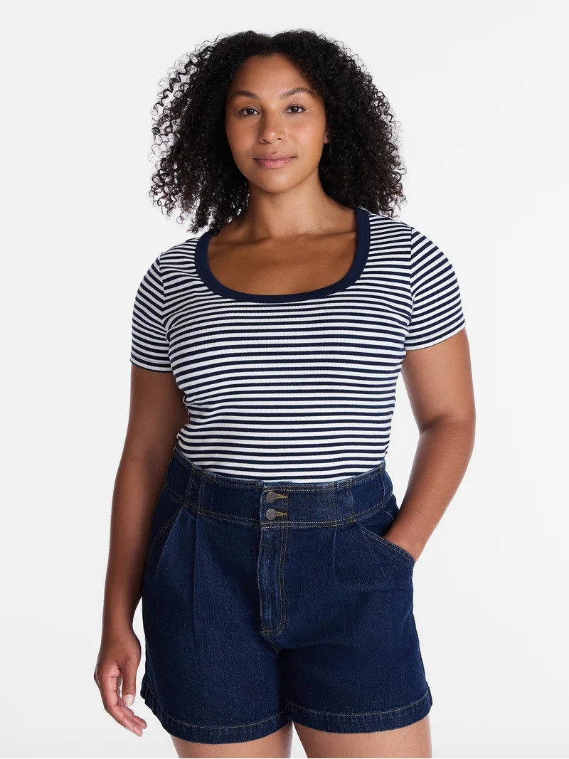 Time and Tru Women's Ribbed Scoop Neck Tee with Short Sleeves, Sizes XS-XXXL - Walmart.com | Walmart (US)