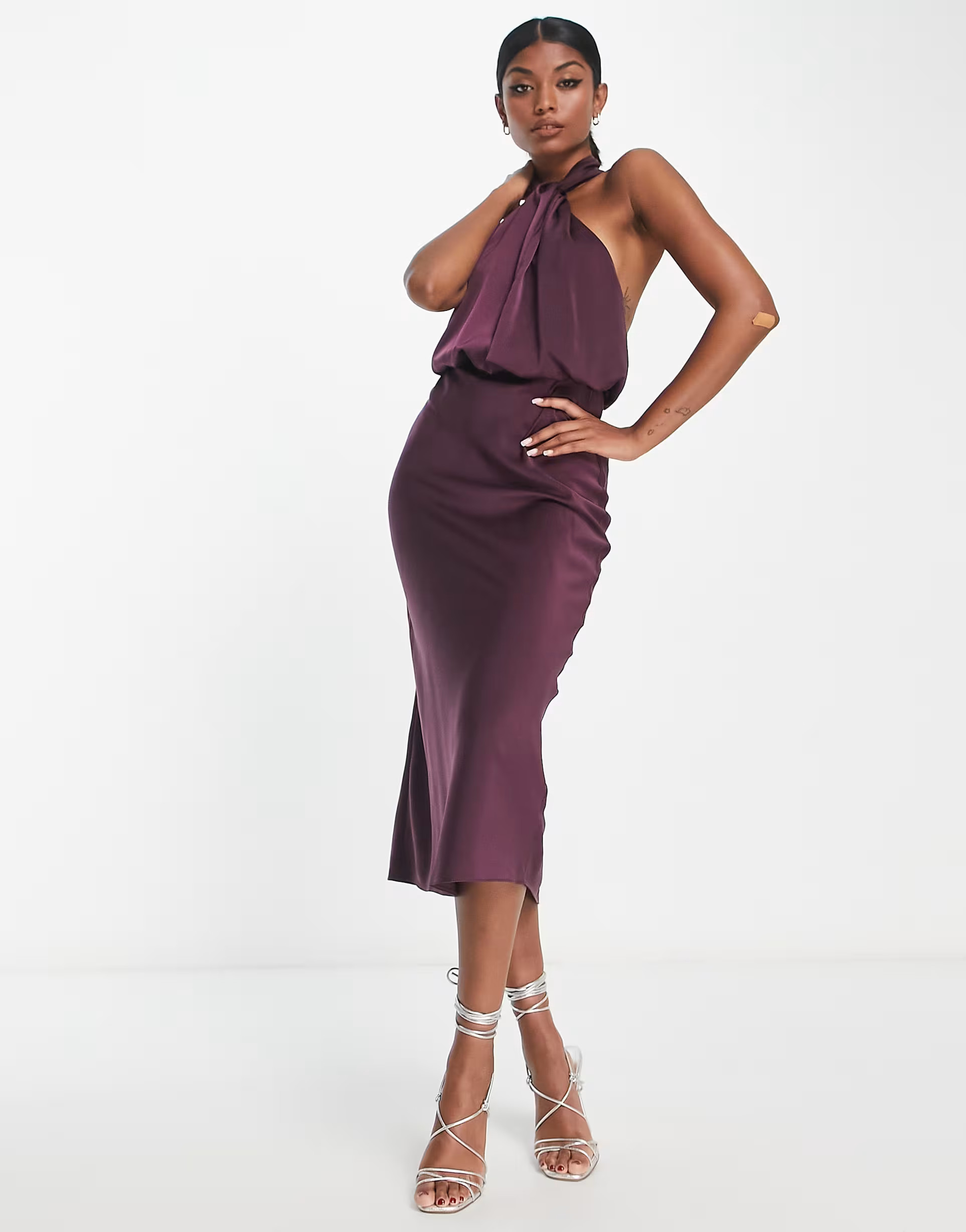 ASOS DESIGN satin cross halterneck midi dress in wine | ASOS (Global)