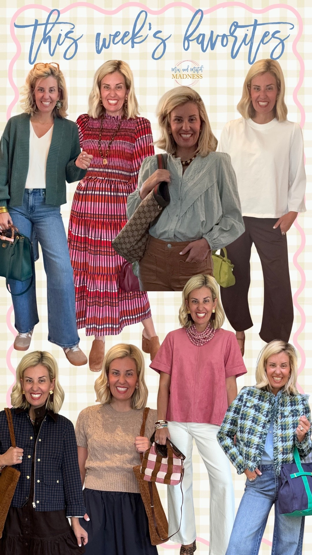 This week’s favorites according to yall!

Sizing: 
Bella Jeans - 26short (seaside  blue wash) 
Jacket - xs
Ruti Pants - 4P
Spanx Jeans - xs petite
Avara Dress - small 
Tops - all xs except Belk top is a small
