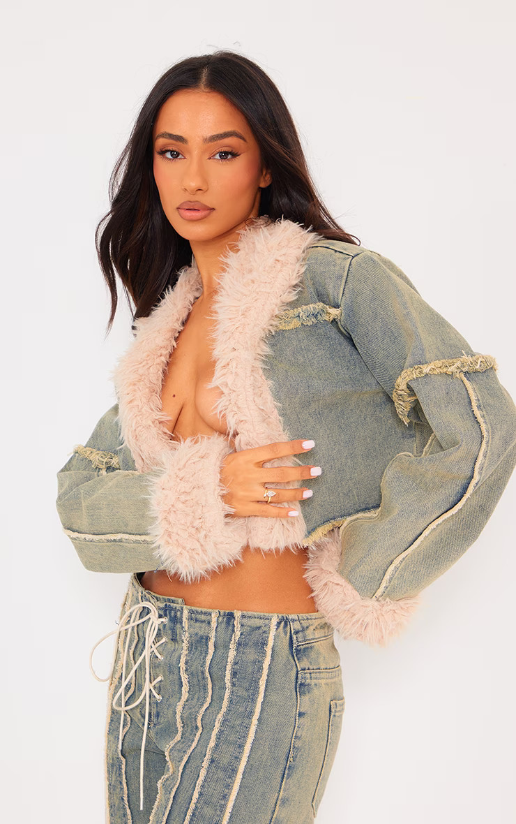 Petite Vintage Wash Faux Fur Trim Cropped Denim Jacket | PrettyLittleThing UK