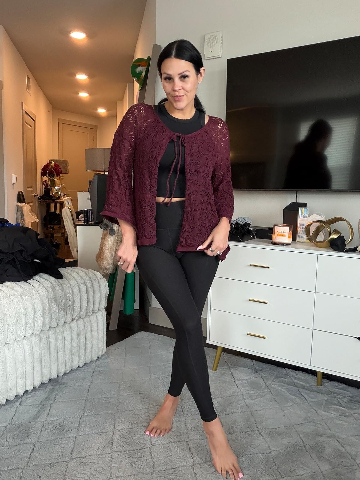 Women's Tie Front Oversized Cardigans Sweater Crochet Lightweight Flare Long Sleeve Fall Knit Top 2025 Burgundy Medium 

 #LTKCyberWeek #LTKGiftGuide #LTKHoliday