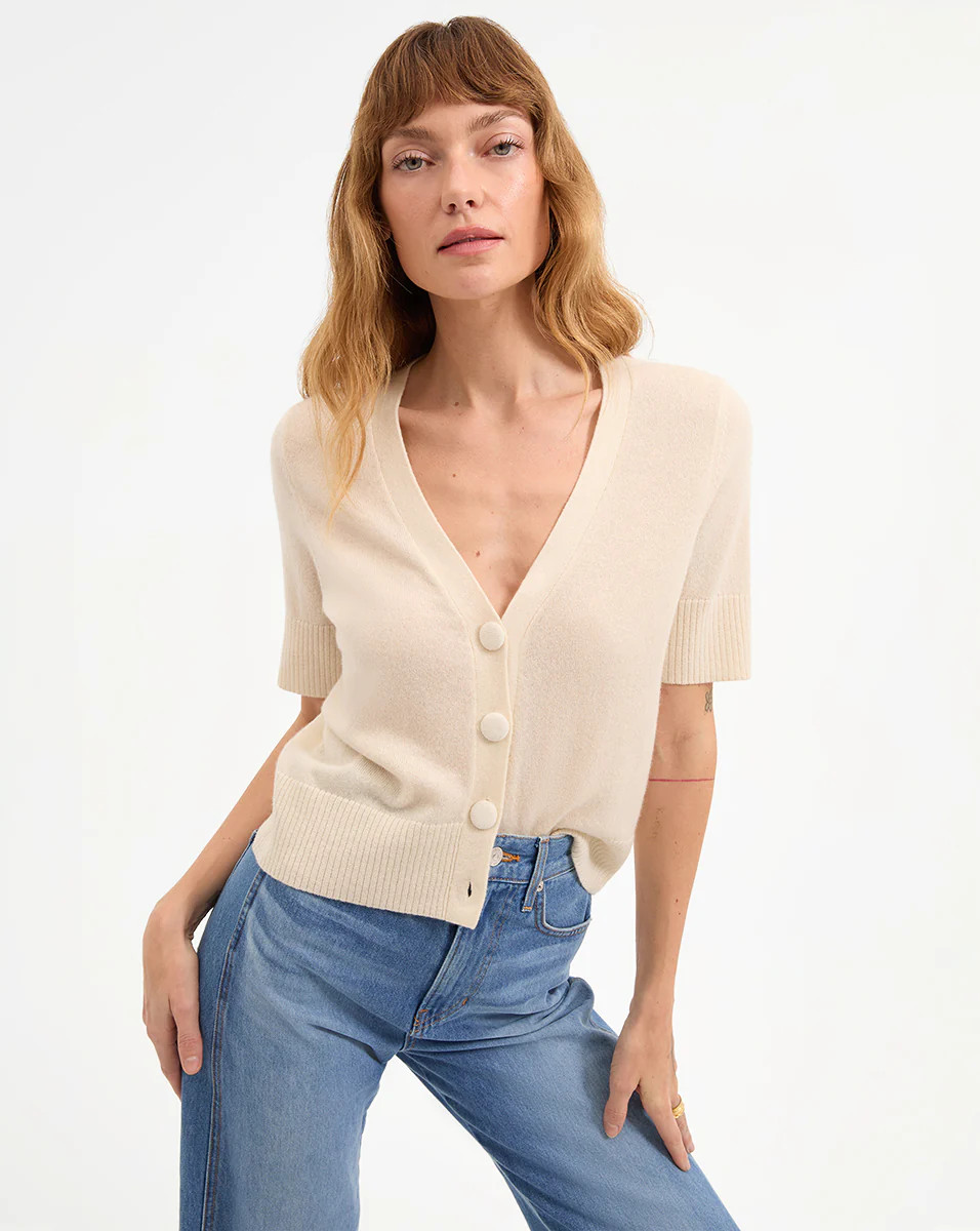 Solene Short Sleeve Cashmere Cardigan in Ivory | Veronica Beard | Veronica Beard