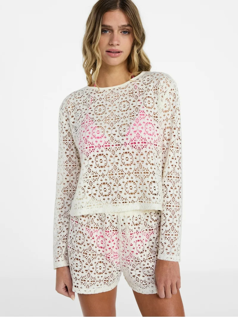 No Boundaries Crochet Coverup Top with Long Sleeves, Women's XXS-XXL | Walmart (US)