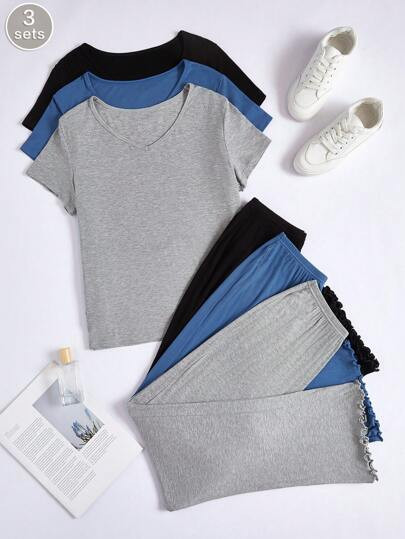 3pcs Set Women's Solid Color Top & Lettuce Hem Pants Comfortable Pajama Set Outfit | SHEIN