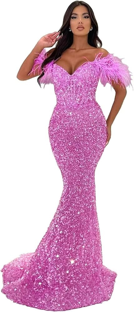 Sequin Mermaid Prom Dresses 2025 Sparkly Off Shoulder Feathers V-Neck Bodycon Formal Evening Part... | Amazon (US)