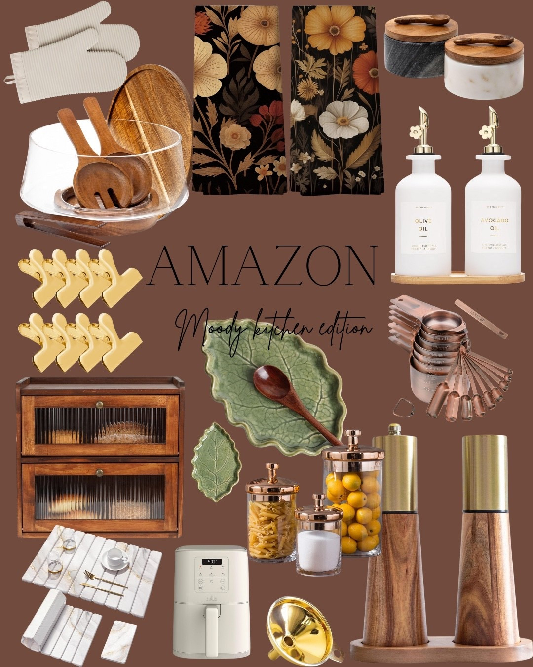 A moody kitchen is what I like! 

Kitchen necessities 
Kitchen accessories 
Dish towels 
Bag clips 
Magnets 
Bread box 
Utensils 

#LTKGiftGuide #LTKfoodie #LTKHome