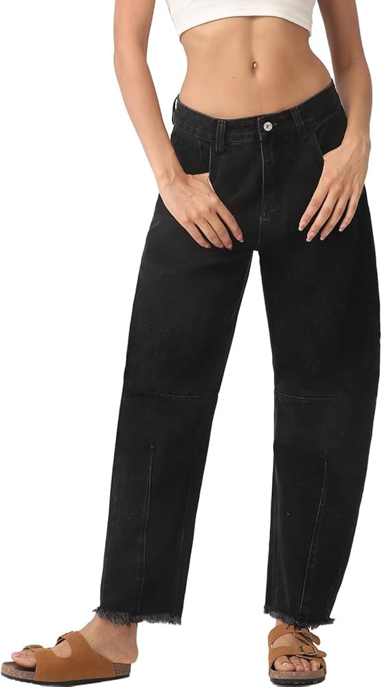 HOTIAN Barrel Jeans Women Wide Leg Mid Rise Barrel Denim Pants Vintage Horseshoe Jeans Pockets | Amazon (US)