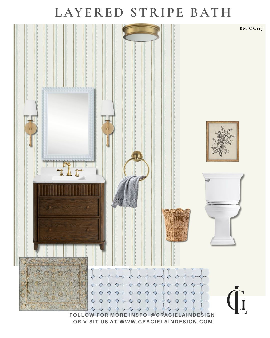 A powder room that proves layers make all the difference. ✨
The neutral layered stripe wallpaper sets a timeless foundation, while cream trim keeps the space feeling fresh and refined. The palest blue mirror, warm brass accents, rich walnut woods, natural rattan textures, and simple botanical art work together to create a calm, inviting retreat filled with depth and character.
Every detail was chosen to bring warmth, balance, and effortless beauty to this small but impactful space.
See more design inspiration and projects at gracielaindesign.com.
#GracielainDesign #PowderRoomDesign #WallpaperDesign #StripedWallpaper #LayeredInteriors #InteriorStyling #ClassicInteriors #TimelessDesign #TraditionalHome #CoastalStyle #BlueAndWhiteDecor #BrassAccents #RattanDecor #WalnutWood #BotanicalArt #InteriorInspiration #HomeDecorIdeas #BeautifulHomes #LuxuryInteriors #LTKHome 

 #LTKHome #LTKSaleAlert