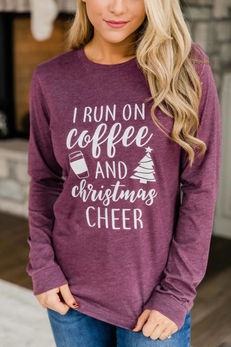 I Run on Coffee and Christmas Cheer Long Sleeve Graphic Tee | The Pink Lily Boutique