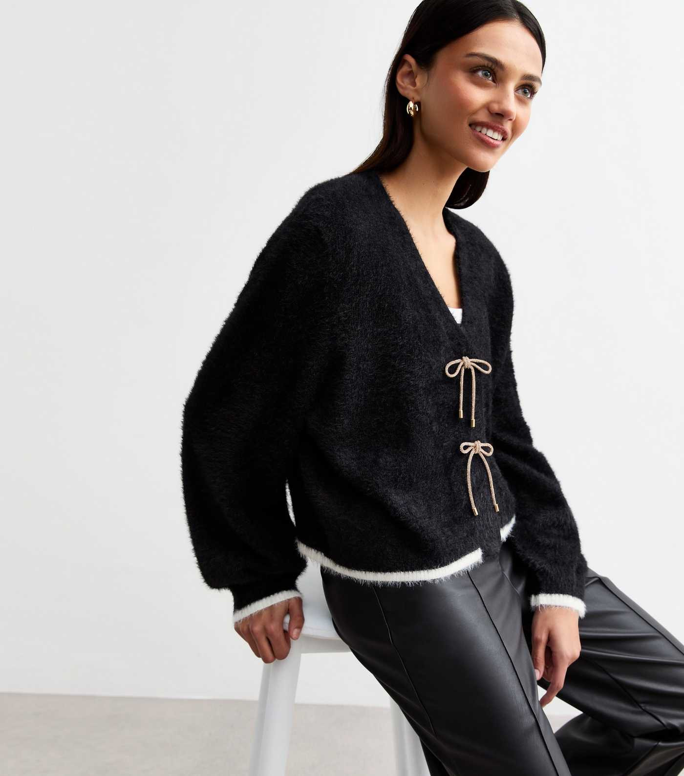 Sunshine Soul Black Diamantè Bow Detail Fluffy Cardigan  | New Look | New Look (UK)
