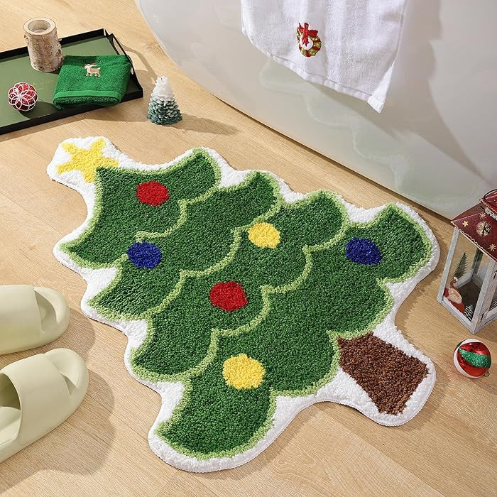 YIKUSH Christmas Tree Bathroom Rugs for Living Room Green Rug Absorbent Washable Bath Mat Shower ... | Amazon (US)