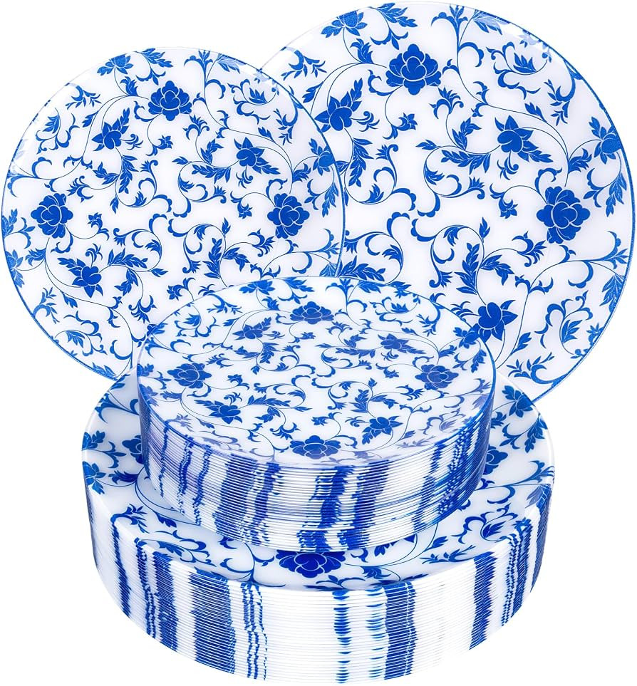 60 PCS Blue Plastic Plates - Blue Floral Plates - Disposable Decorative Plate Sets Include 30 Din... | Amazon (US)