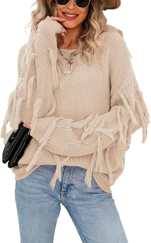 chouyatou Women's Fall Fringed Sleeve Oversized Pullover Sweater Fashion Knitted Fringe Top | Amazon (US)
