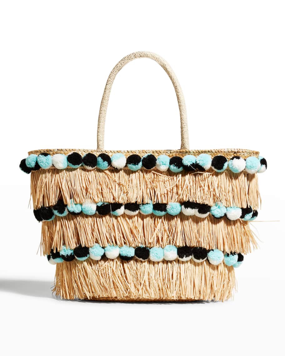 BTB Los Angeles Olivia Straw Pom Basket Tote Bag | Neiman Marcus