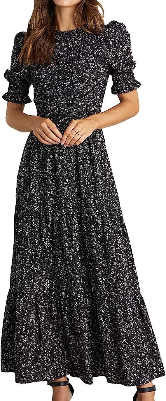 BTFBM Women Casual Summer Dresses 2023 Spring Crew Neck Ruffle Short Sleeve Floral Leopard Smocke... | Amazon (US)