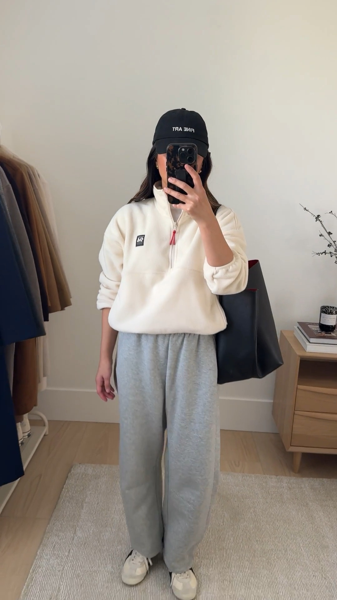 Easy mom outfit ideas  
Old Navy fleece. Super cozy. Love these barrel sweat pants. Regular length fits petites at full length  

Old Navy Fleece Petite Small
Everlane Barrel sweats small, could wear the xs
Fine Art Hat (old)
Mansur Gavriel Tote 
Onitsuka Tiger sneakers 4 mens

Petite style, fall style, fall outfit 

#LTKCyberWeek #LTKootd #LTKPetite