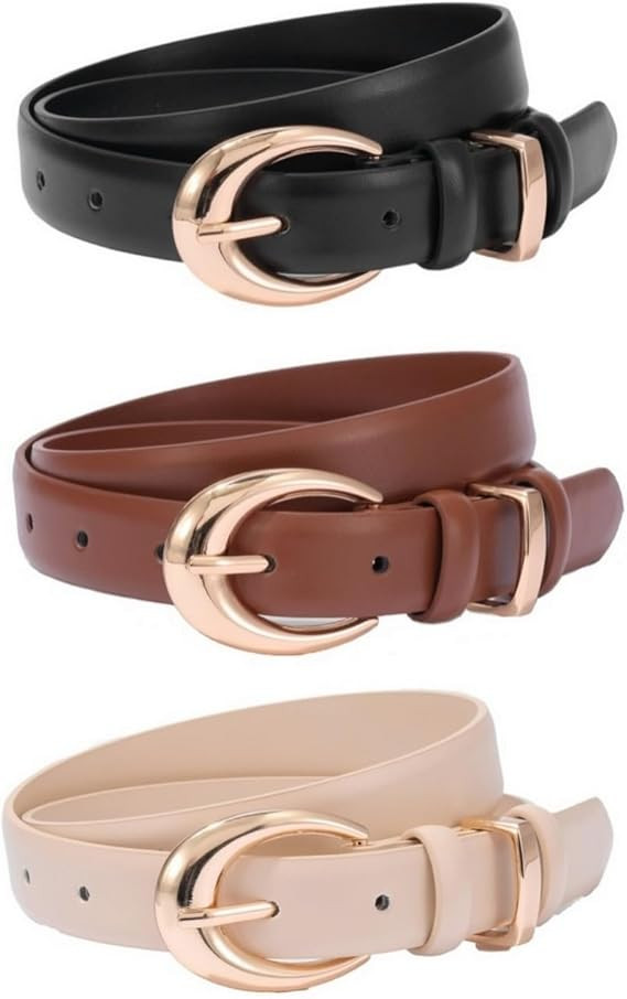 3 Pack Women Faux Leather Belt for Jeans Pants Ladies Skinny Dress Waist Belt with Gold Buckle | Amazon (US)