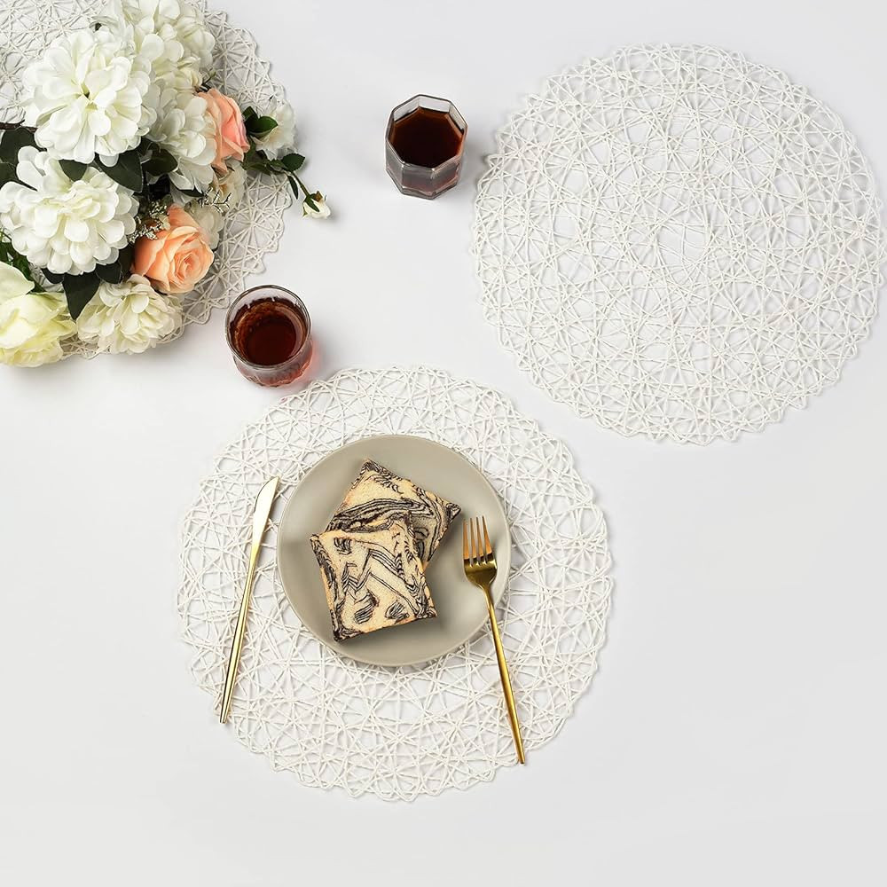 IcosaMro White Round Placemats Set of 6 for Dining Table, 15 Inch Paper Woven Boho Decorative Cir... | Amazon (US)
