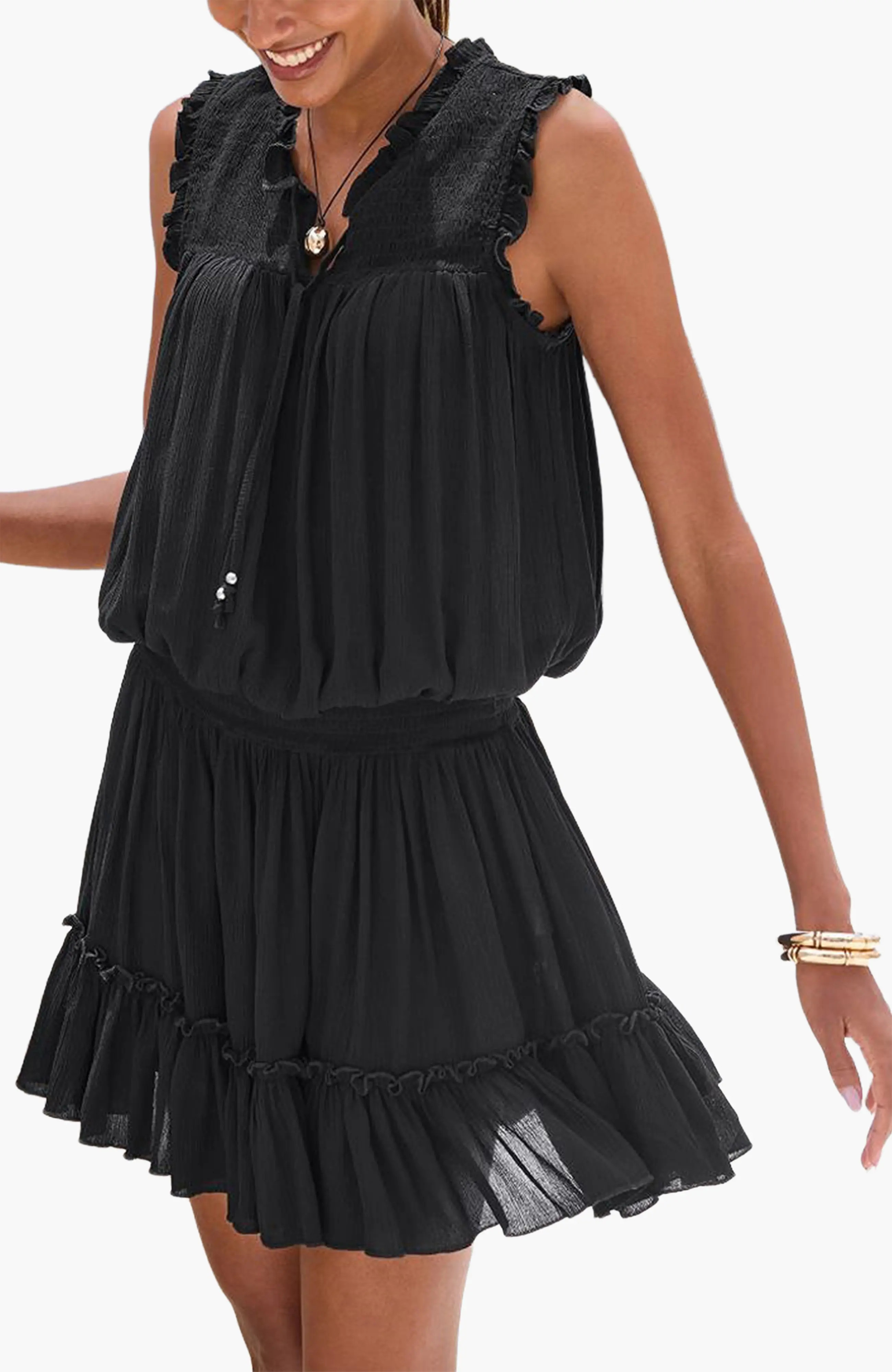 LASCANA Ruffle Trim Dress in Black at Nordstrom, Size 6 | Nordstrom